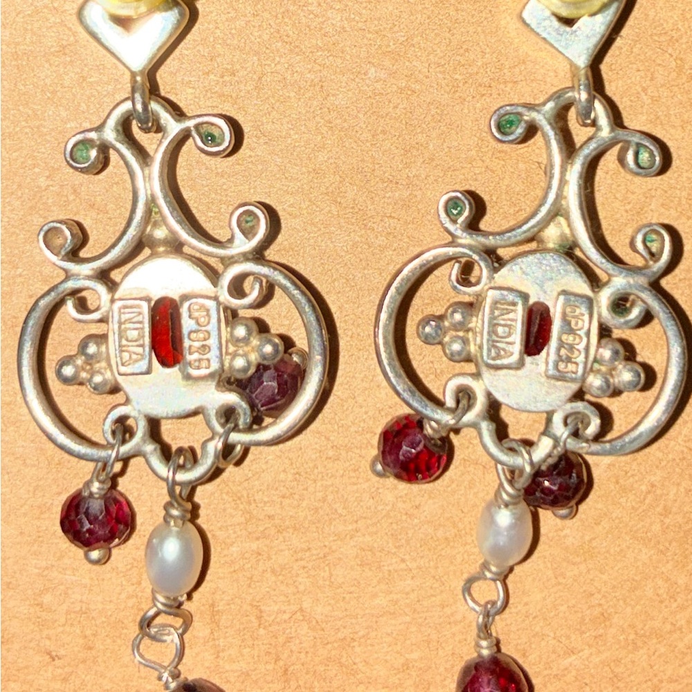 Sterling Silver Ruby & Pearl Dangle Earrings Made… - image 1